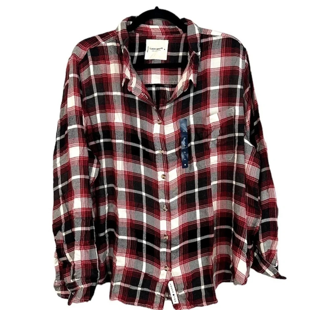 Lucky Brand Red & White Plaid Button Up Women's Long Sleeve Top Sz XL NWT